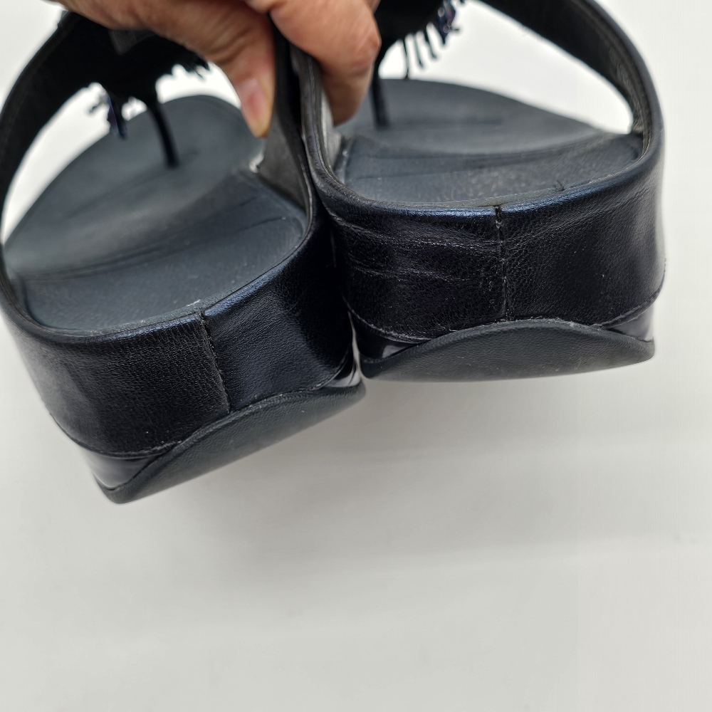 FitFlop Cha Cha Rumba Sandals Sz 8 Blue Leather Beaded Fringe Thong Platform - Picture 5 of 14
